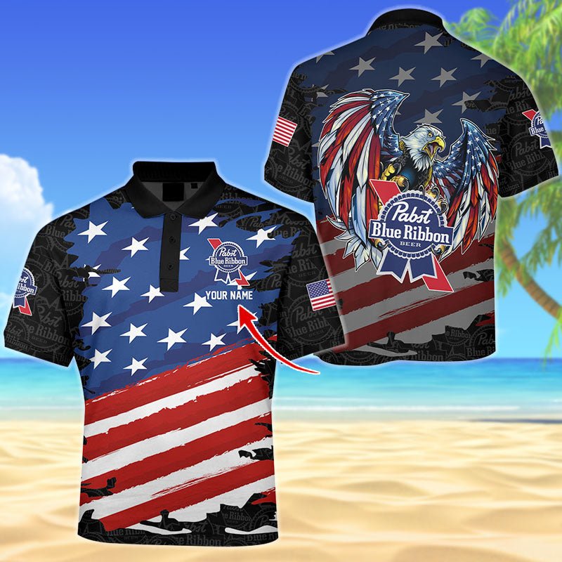 Personalized Pabst Blue Ribbon Freedom Eagle Men's Plus Size Polo Shirt - Flexiquor.com