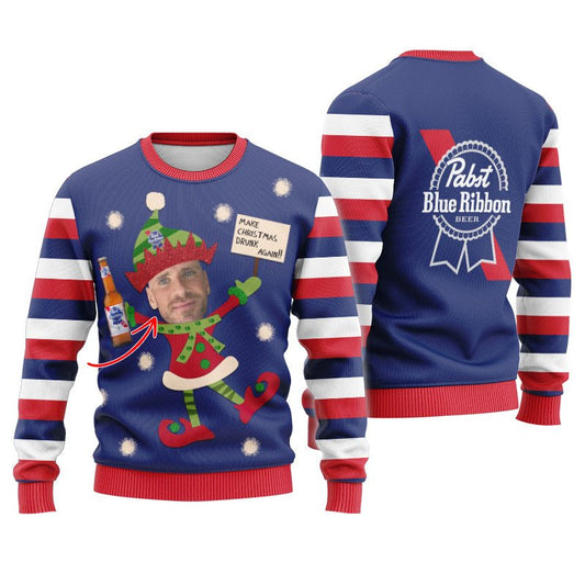 Personalized Pabst Blue Ribbon Make Christmas Drunk Again Ugly Sweater - Flexiquor.com