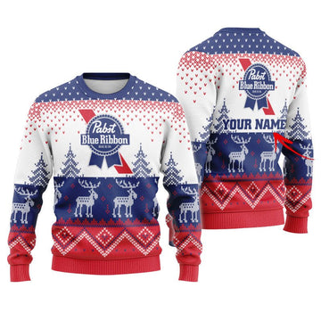 Personalized Pabst Blue Ribbon Winter Reindeer Ugly Sweater - Flexiquor.com