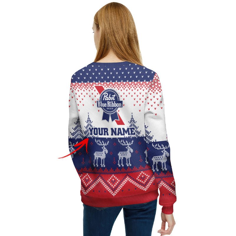 Personalized Pabst Blue Ribbon Winter Reindeer Ugly Sweater - Flexiquor.com