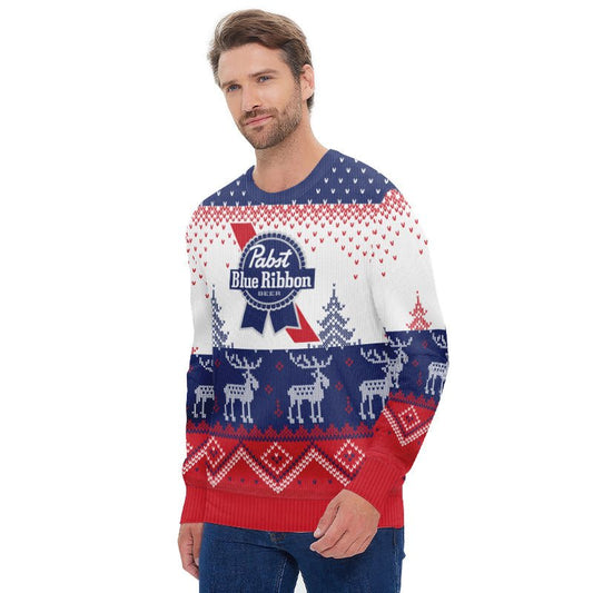 Personalized Pabst Blue Ribbon Winter Reindeer Ugly Sweater - Flexiquor.com