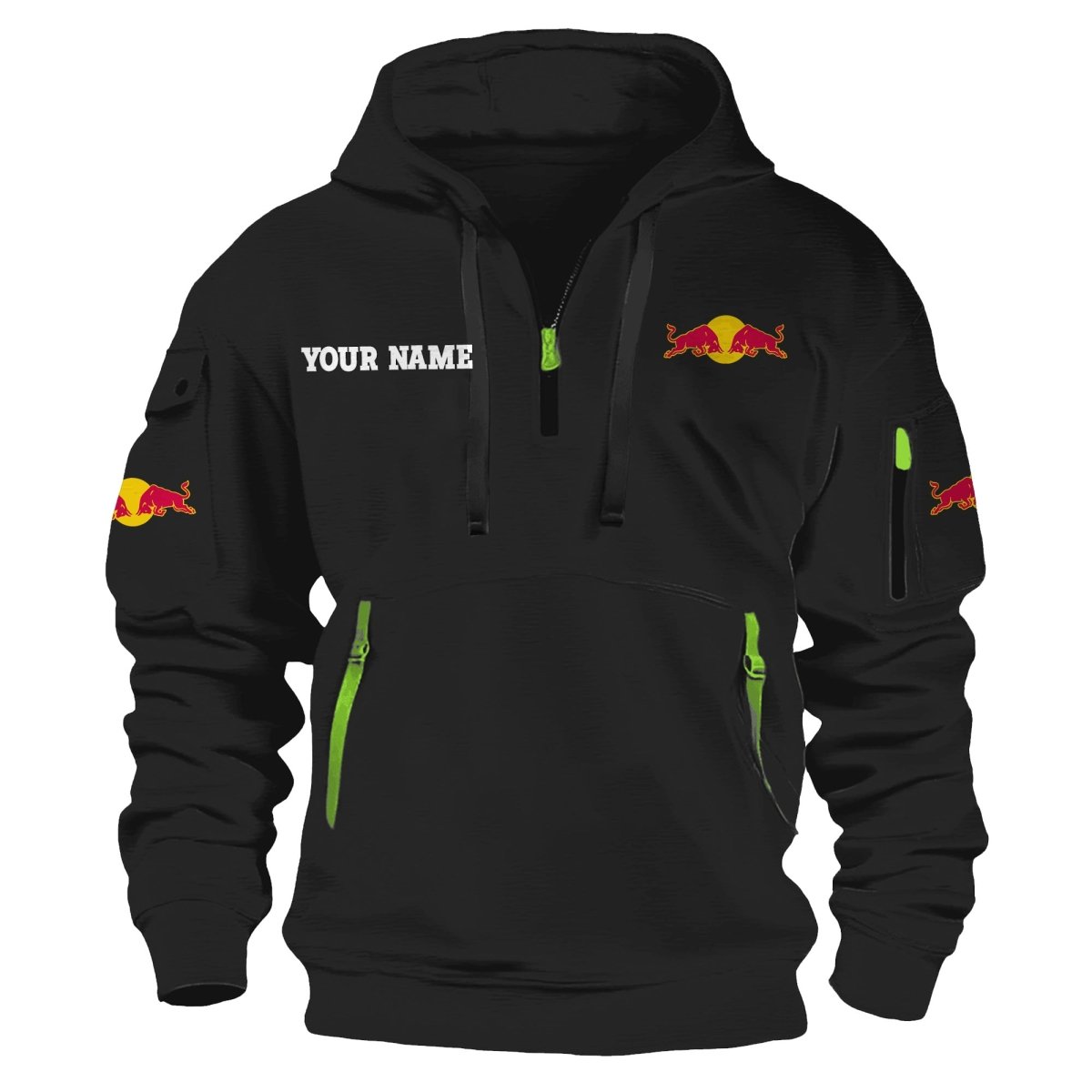 Personalized Red Bull Half Zip Hooded Sweatshirt - Flexiquor.com