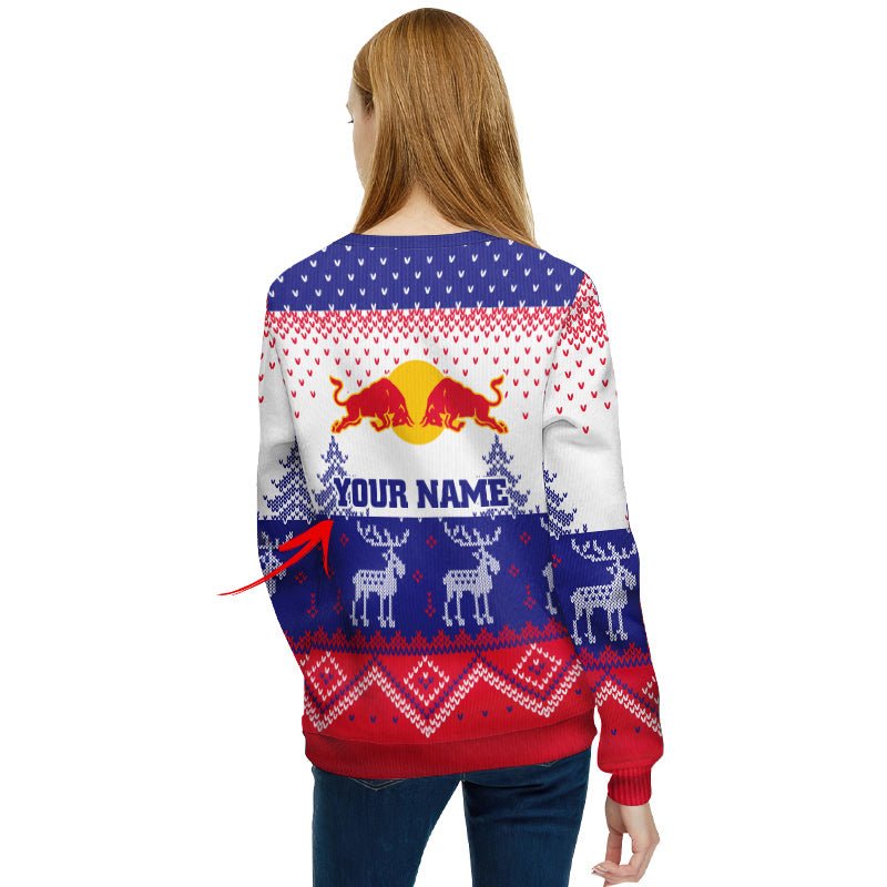 Personalized Red Bull Winter Reindeer Ugly Sweater - Flexiquor.com