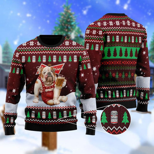Bulldog Drink Budweiser Beer Ugly Christmas Sweater