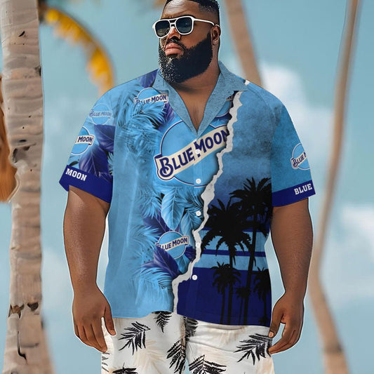 Tropical Torn Paper Blue Moon Men's Plus Size Hawaiian Shirt - Flexiquor.com