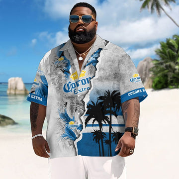 Tropical Torn Paper Corona Extra Men's Plus Size Hawaiian Shirt - Flexiquor.com