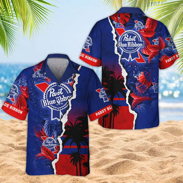 Tropical Torn Paper Pabst Blue Ribbon Hawaiian Shirt - Flexiquor.com