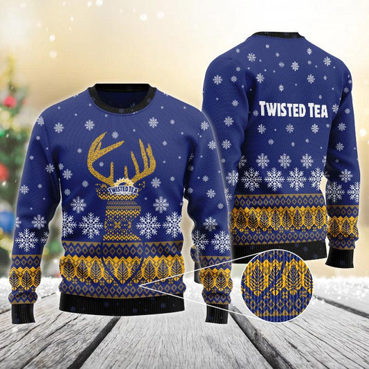 Blue Twisted Tea Reindeer Snowy Christmas Sweater