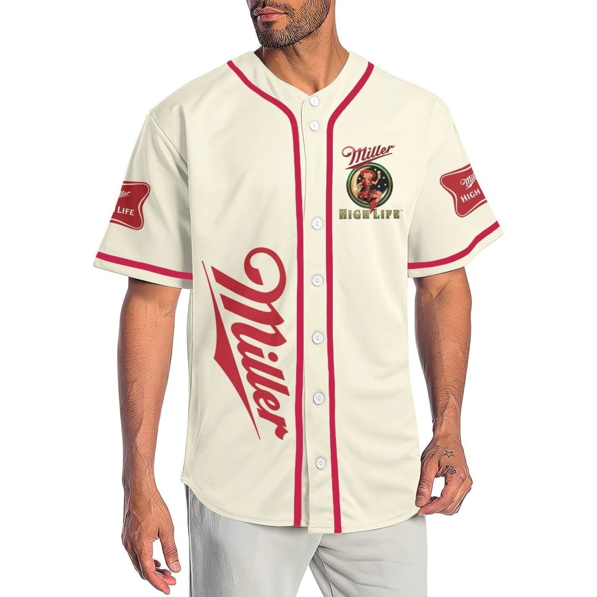 Beige Miller High Life Baseball Jersey - Flexiquor.com