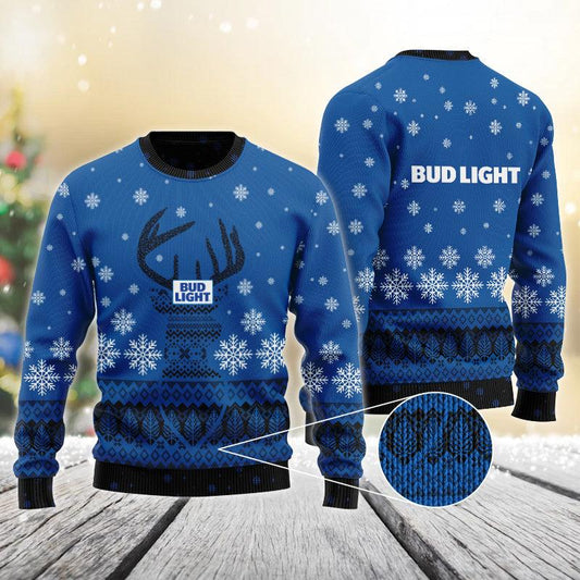 Blue Bud Light Reindeer Snowy Christmas Sweater