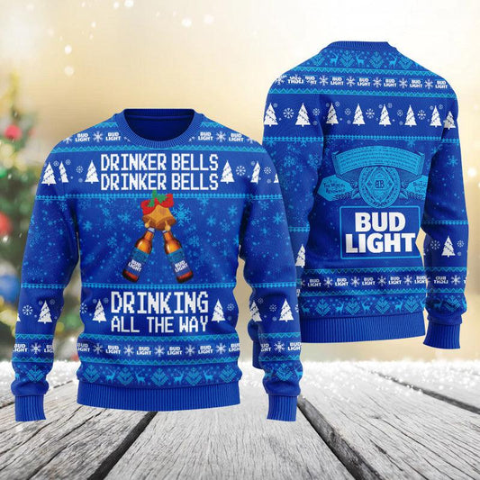 Bud Light Drinker Bells Drinking All The Way Christmas Ugly Sweater