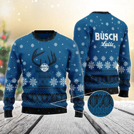 Blue Busch Latte Reindeer Snowy Christmas Sweater
