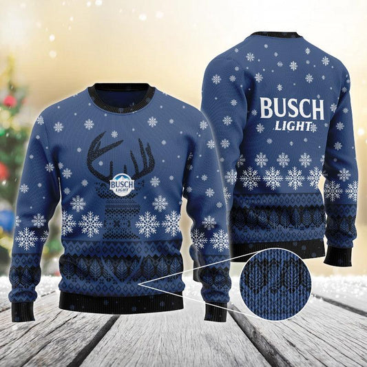 Blue Busch Light Reindeer Snowy Christmas Sweater