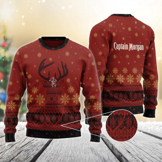 Red Captain Morgan Reindeer Snowy Christmas Sweater