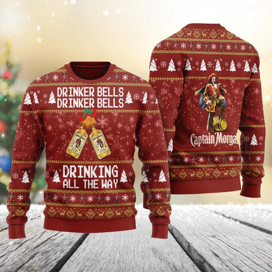 Captain Morgan Drinker Bells Drinking All The Way Ugly Sweater