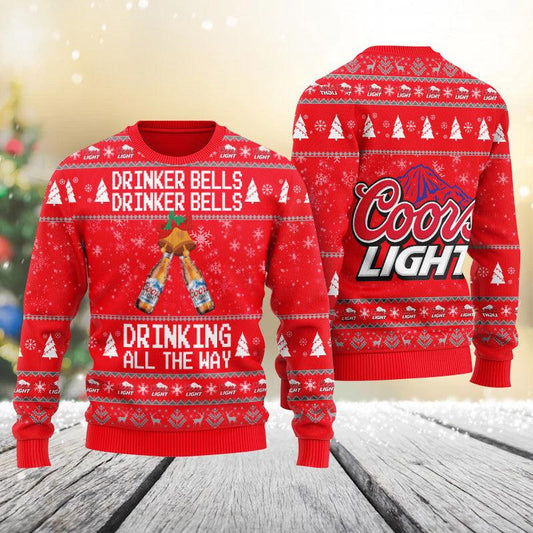Coors Light Drinker Bells Drinking All The Way Christmas Ugly Sweater