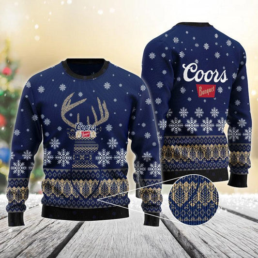 Blue Coors Banquet Reindeer Snowy Christmas Sweater