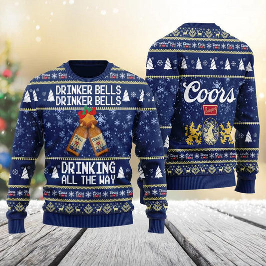Coors Banquet Drinker Bells Drinking All The Way Ugly Sweater