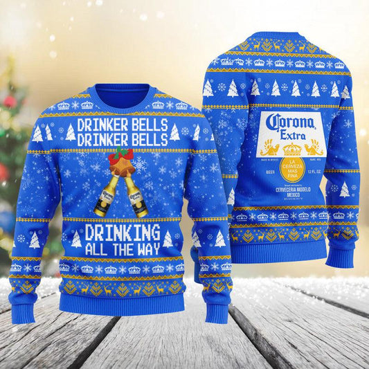 Corona Beer Drinker Bells Drinking All The Way Christmas Ugly Sweater