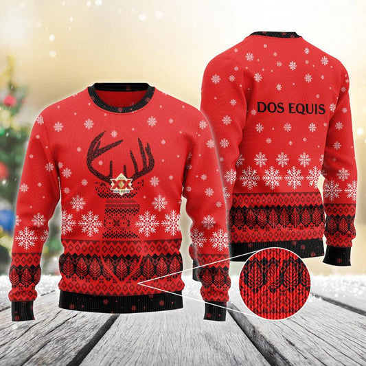 Red Dos Equis Reindeer Snowy Christmas Sweater