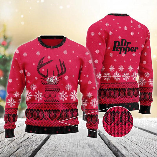 Red Dr Pepper Reindeer Snowy Christmas Sweater