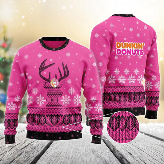 Pink Dunkin Donut Reindeer Snowy Christmas Sweater