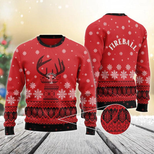 Red Fireball Reindeer Snowy Christmas Sweater
