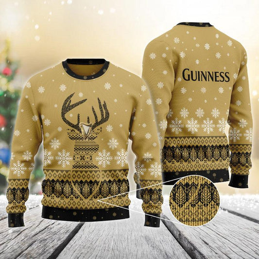 Brown Guinness Reindeer Snowy Christmas Sweater