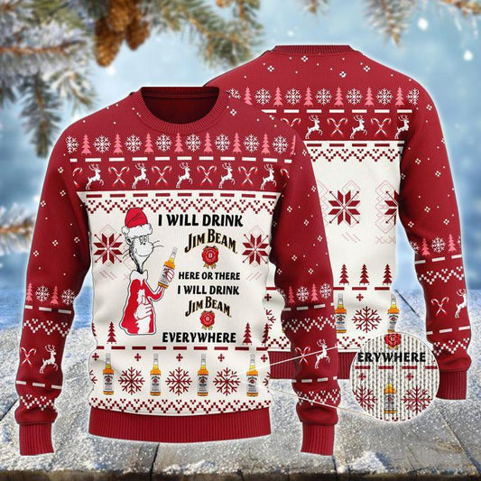 I Will Drink Jim Beam Here Or There Christmas Ugly Sweater