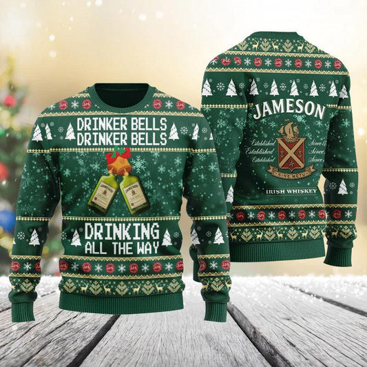 Jameson Drinker Bells Drinking All The Way Christmas Ugly Sweater