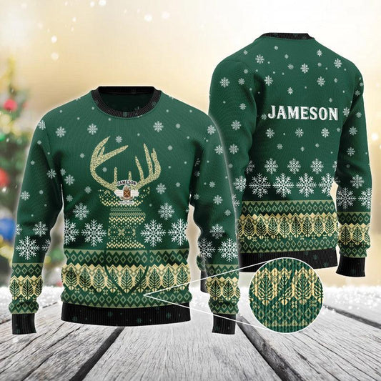 Green Jameson Reindeer Snowy Christmas Sweater