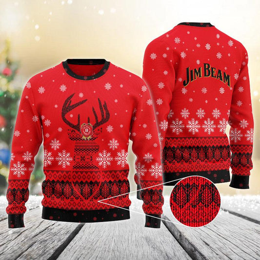 Red Jim Beam Reindeer Snowy Christmas Sweater