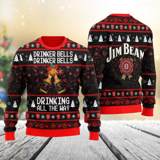 Jim Beam Drinker Bells Drinking All The Way Christmas Ugly Sweater