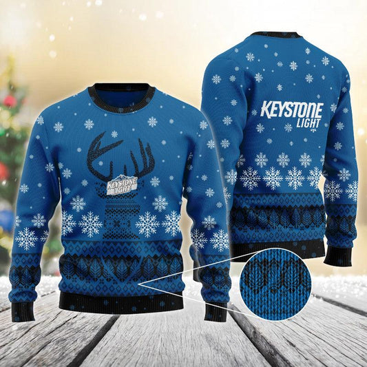 Blue Keystone Light Reindeer Snowy Christmas Sweater