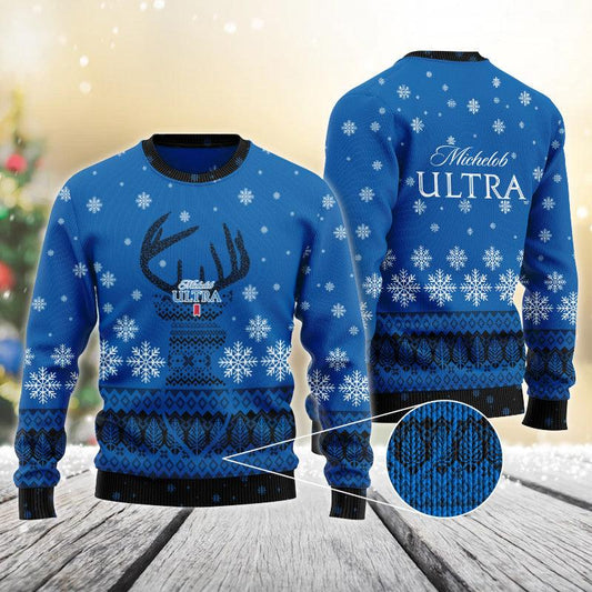 Blue Michelob Ultra Reindeer Snowy Christmas Sweater