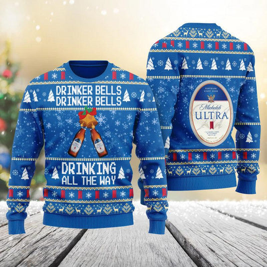 Michelob Ultra Drinker Bells Drinking All The Way  Ugly Sweater