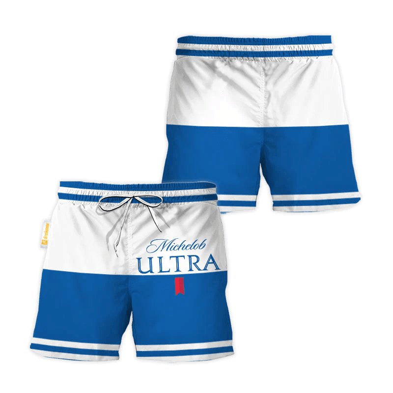 Michelob Ultra Blue And White Basic Swim Trunks - Flexiquor.com