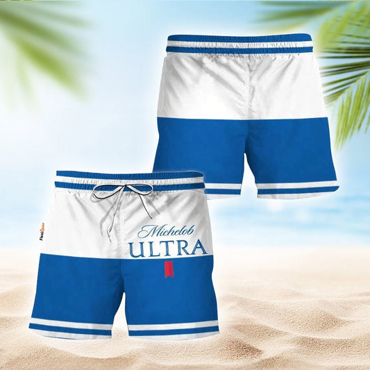 Michelob Ultra Blue And White Basic Swim Trunks - Flexiquor.com