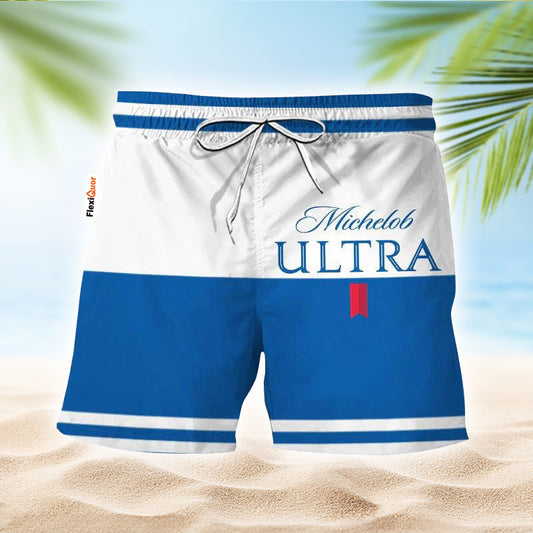 Michelob Ultra Blue And White Basic Swim Trunks - Flexiquor.com