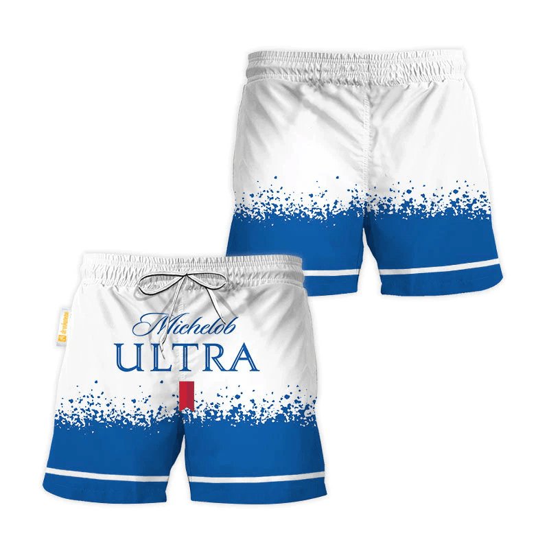 Michelob Ultra White Blue Basic Swim Trunks - Flexiquor.com