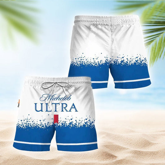Michelob Ultra White Blue Basic Swim Trunks - Flexiquor.com