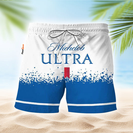 Michelob Ultra White Blue Basic Swim Trunks - Flexiquor.com