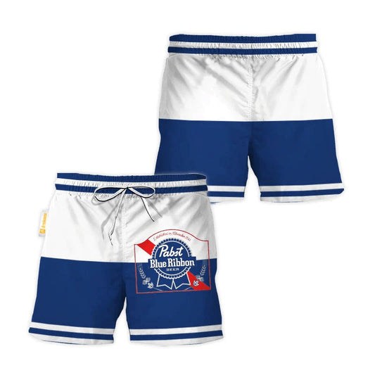 Pabst Blue Ribbon Blue And White Basic Swim Trunks - Flexiquor.com