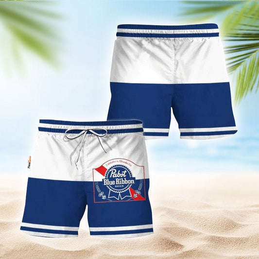 Pabst Blue Ribbon Blue And White Basic Swim Trunks - Flexiquor.com