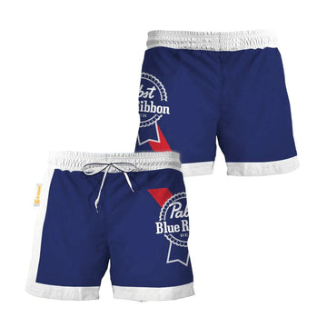 Pabst Blue Ribbon Blue White Basic Swim Trunks - Flexiquor.com