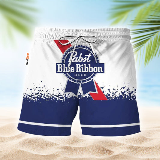Pabst Blue Ribbon White Blue Basic Swim Trunks - Flexiquor.com