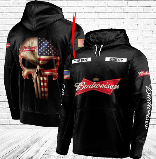Personalized Black USA Flag Skull Budweiser Beer Hoodie