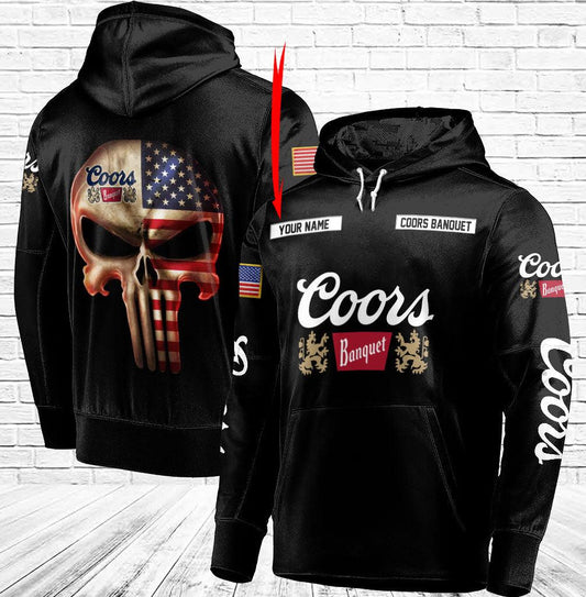 Personalized Black USA Flag Skull Coors Banquet Beer Hoodie