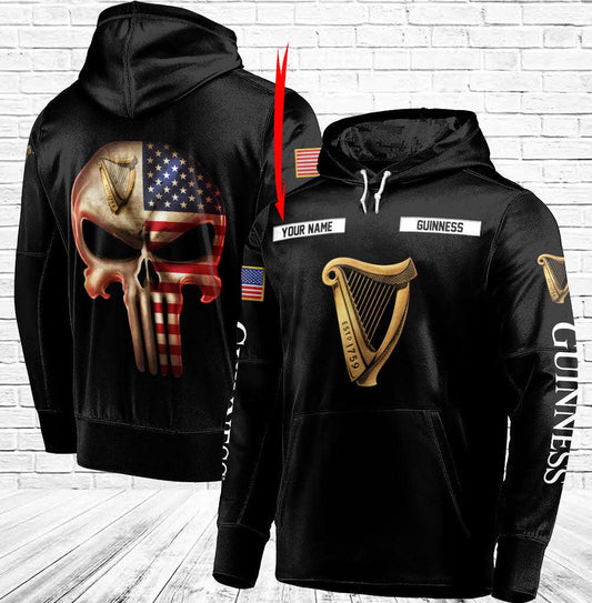 Personalized Black USA Flag Skull Guinness Beer Hoodie
