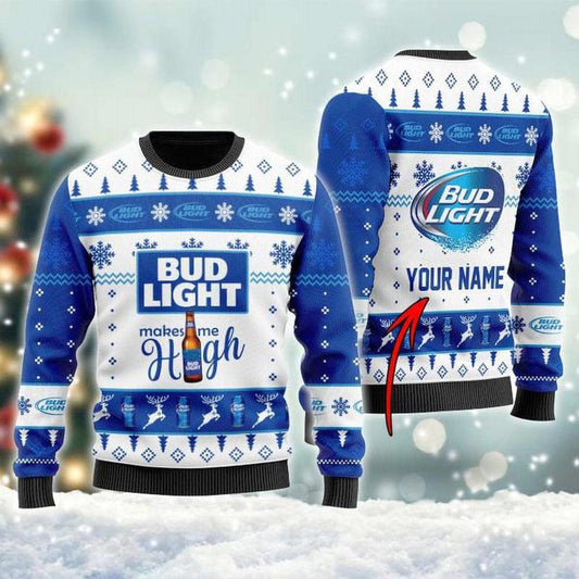 Personalized Bud Light Makes Me High Christmas Ugly Sweater